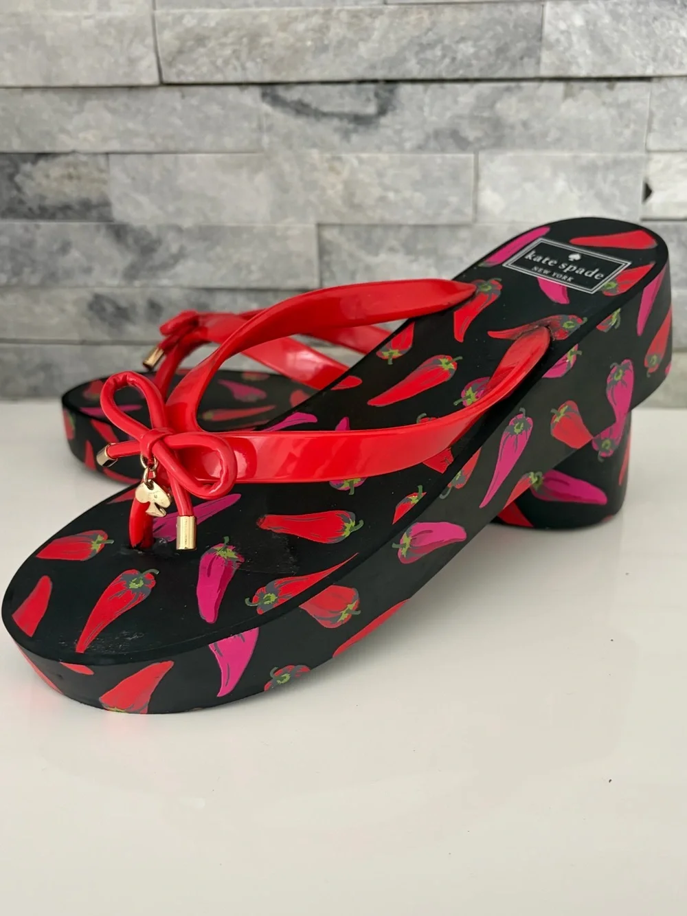kate spade Black Platform Flip Flop Sandals with Red and Pink Pepper Print - Picture 8 of 10